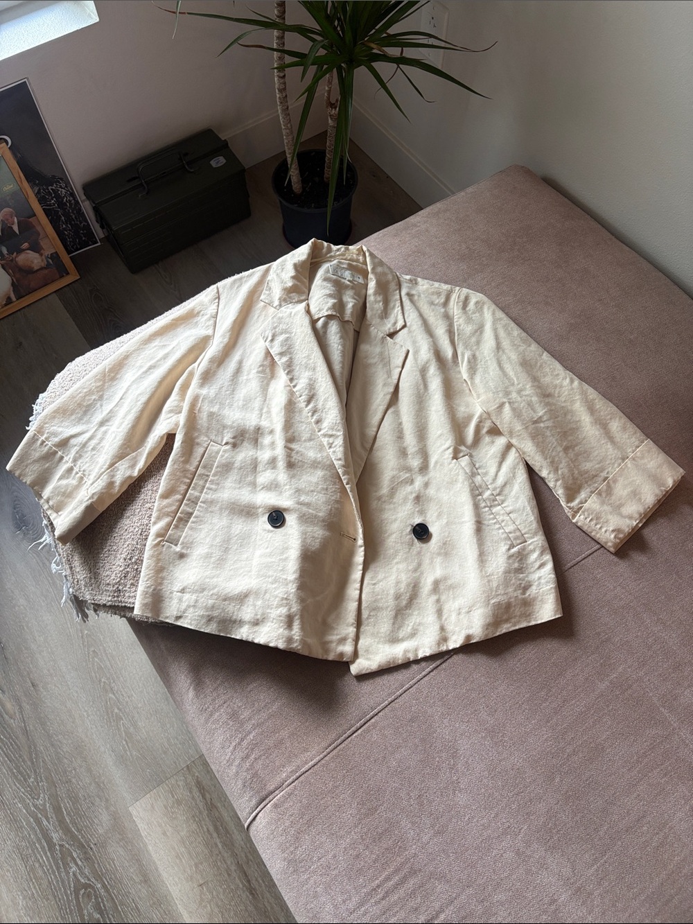 Zara Cream Double-Button Linen-Blend Blazer